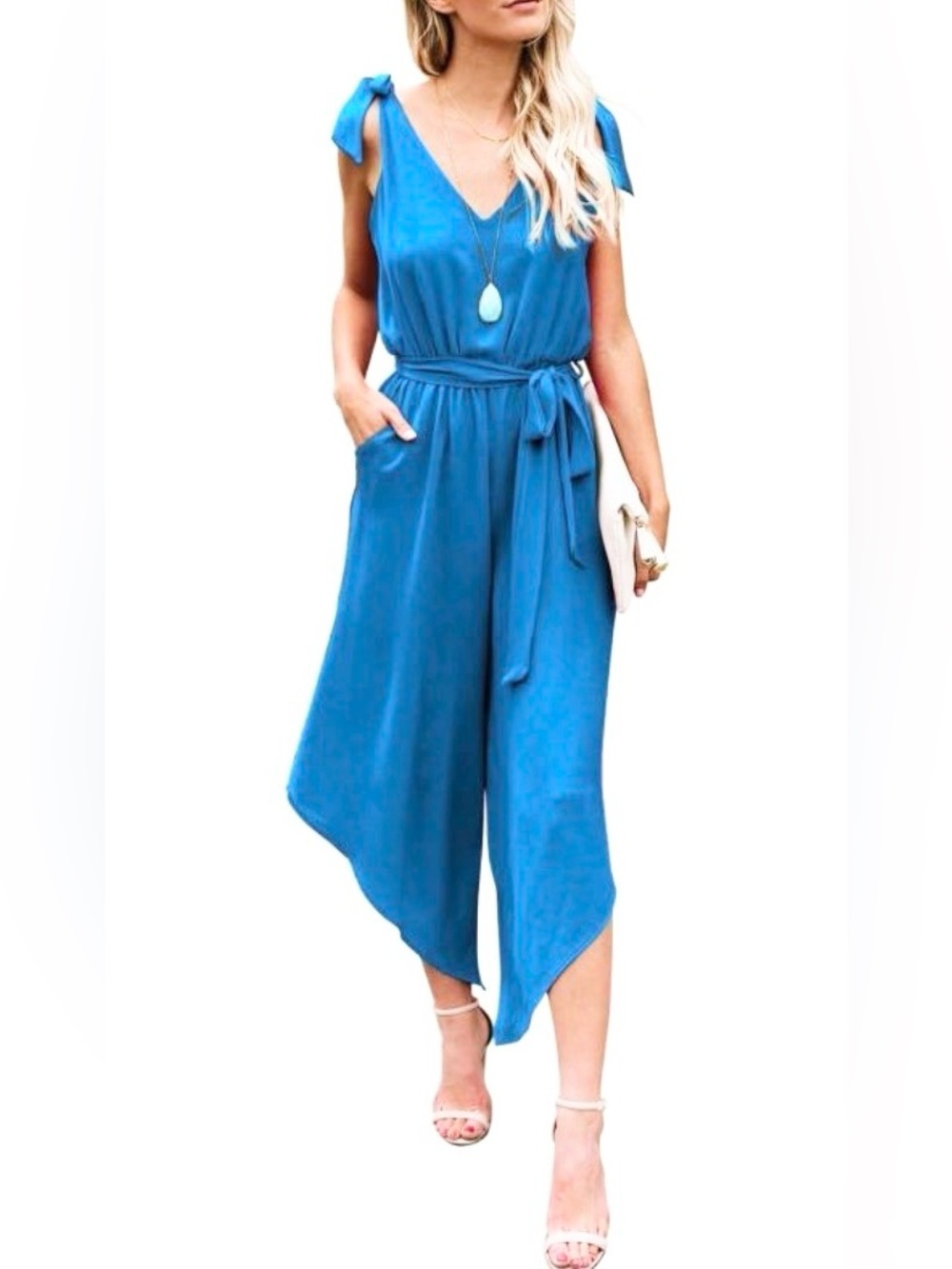 Belongsci Sleeveless Blue V-Neck Wide Leg Jumpsuit with Tie Waist Size XL